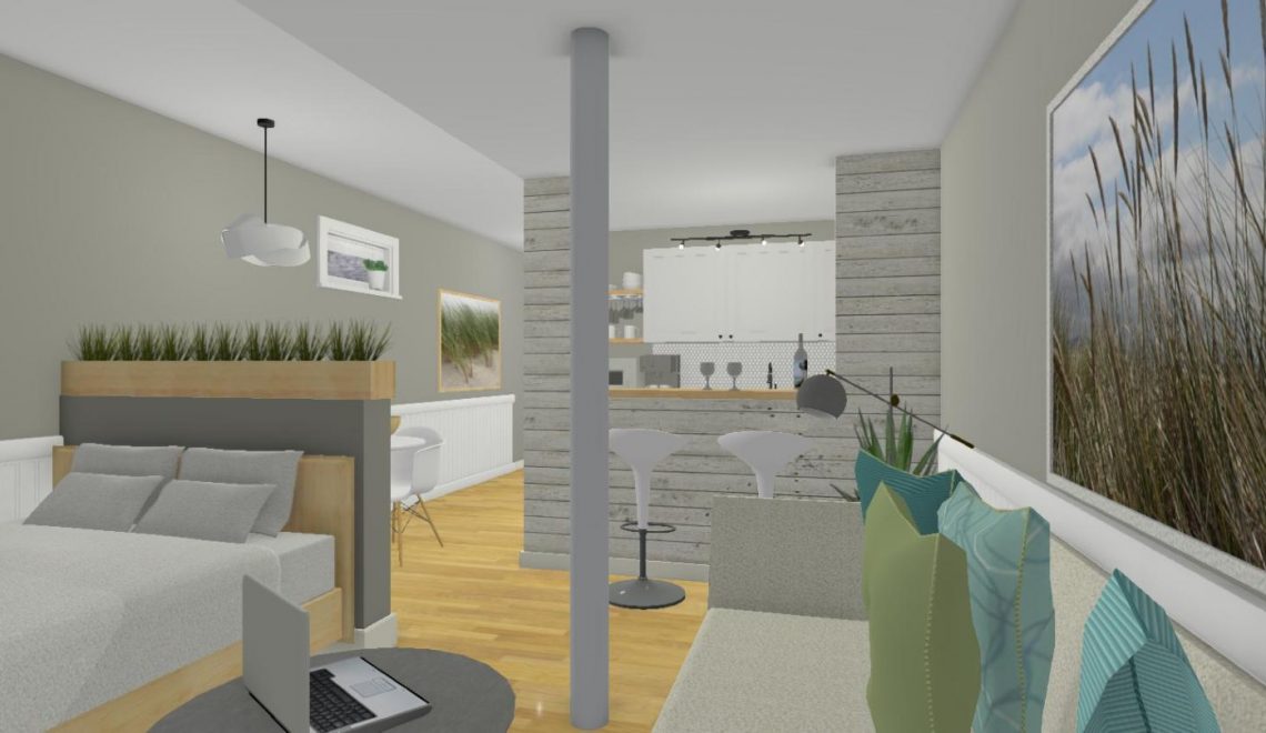 This Airbnb is located in a basement that used to be very small and dark in a residential home that had previously been a rooming house (5 kitchens, anyone). The home is located in a trendy part of Toronto, close to several large film studios, upscale restaurants and boutiques. I had to plan a layout for an awkward space since there was a support pillar in the middle of the main area, as well as one in the bathroom and several levels of bulkheads. The homeowners wanted this to be a relatively affordable renovation since they plan to renovate the entire house a few years down the road. I had to make space for a welcoming entry area with storage, revamp the kitchenette (to which I added a 2 seater bar), create a dining area that was separate from the main living area and create a space for a double bed that wasn't the first thing you saw when you entered the space. The bathroom was revamped a little as well, with a new shower, flooring, toilet and vanity.