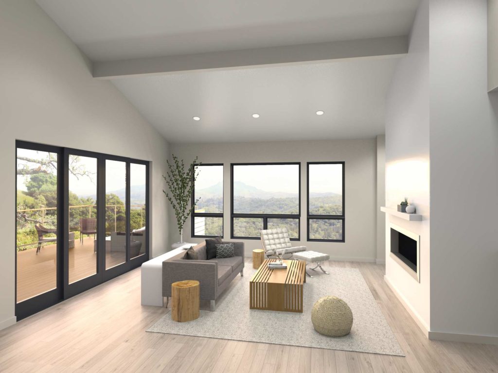 Minimalist living room at sunset with vaulted ceiling, large windows, and clean design.