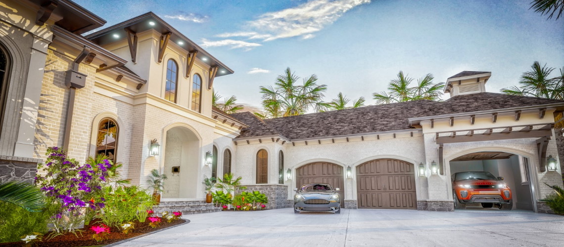 Rendering of Mediterranean style home with three car garage