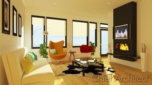 A late-evening scene of a mod-inspired apartment nods to elements of the era from the cowhide rug to the droogs on the TV over the floating fireplace.