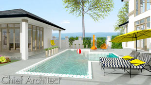 Sunny concrete backyard patio, pool house, black and white striped chaise lounges accented with yellow pillows and sunshade, and tangerine orange fireplace and patio chairs compose this relaxing poolside scene.