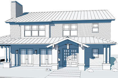 3D clay rendering exterior of a residential mid-century modern home
