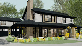 A fresh take on craftsman style home with a modernized twist, this house has stained shingle siding, a wrap-around porch and garage attached via breezeway.