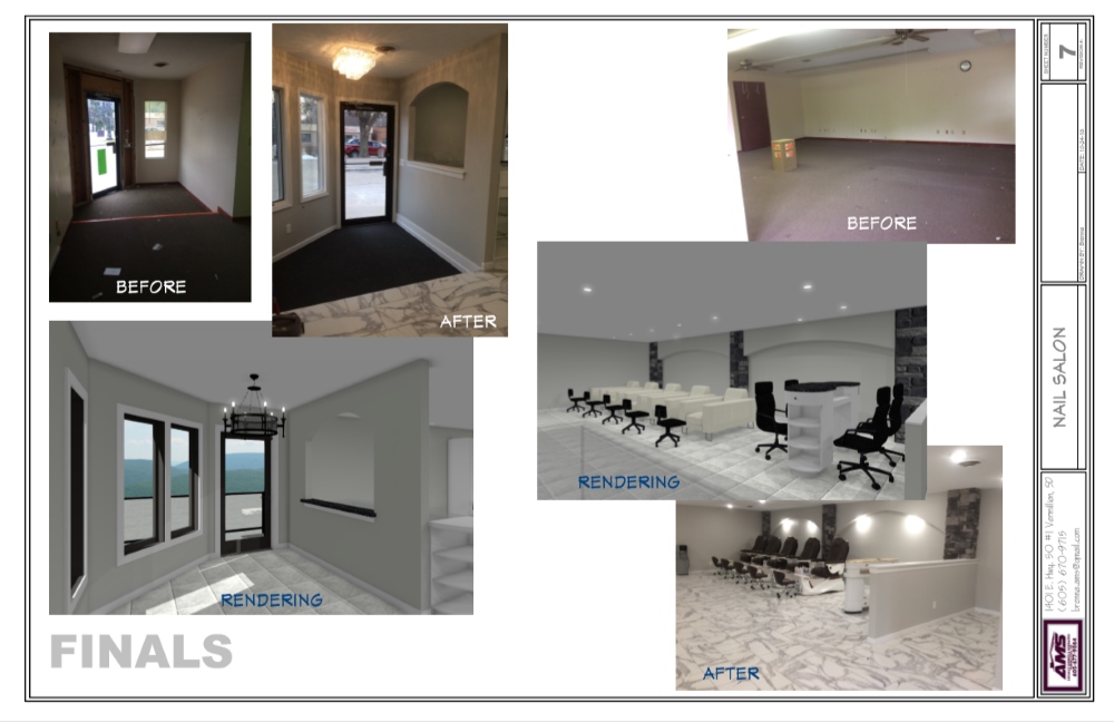 Nail Salon remodel with white, marble flooring, a full-length mirrored wall and a beautiful front entryway.