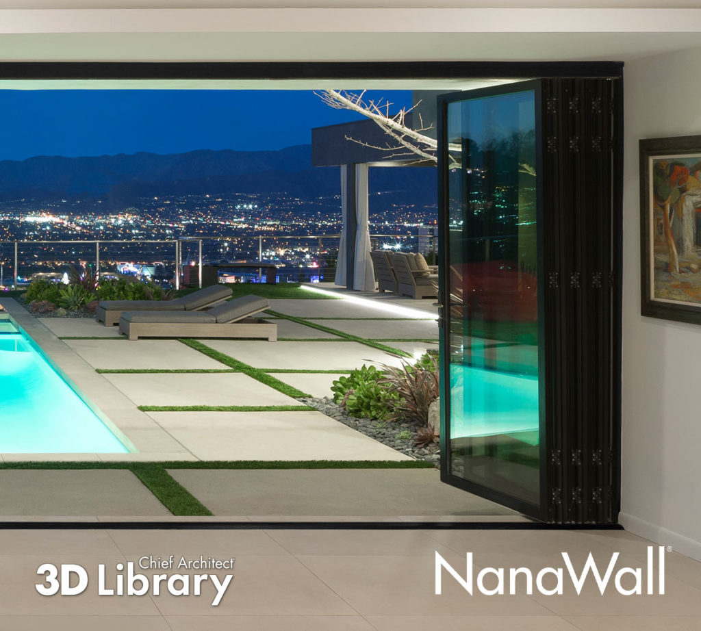 Window wall opening from interior, looking out to a pool patio with an urban night scene as the background.