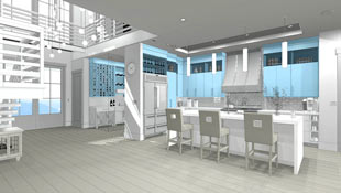 This rendering represents the clay rendering views giving the look of a clay sculpture with a blue accent color. 