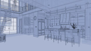 Illustrating a rendering technique available in design software, this house appears to be made out of glass so one can see the pieces that make up the structure behind the foreground elements. 