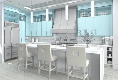 Kitchen design rendering in clay