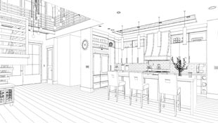 Illustrating a rendering technique available in design software, this view appears to be hand sketched in black and white.