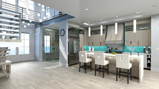 Another rendering of a kitchen, this version includes realistic lighting, shadows, and reflections that are typical with ray tracing.