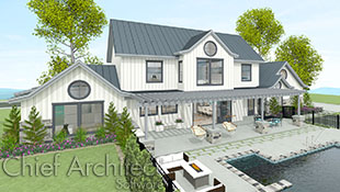 white modern farmhouse with multiple roof pitches and backyard pool