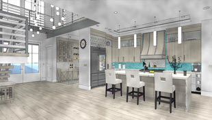 The watercolor technique applies loose color variation to give a painted feeling in this kitchen rendering.