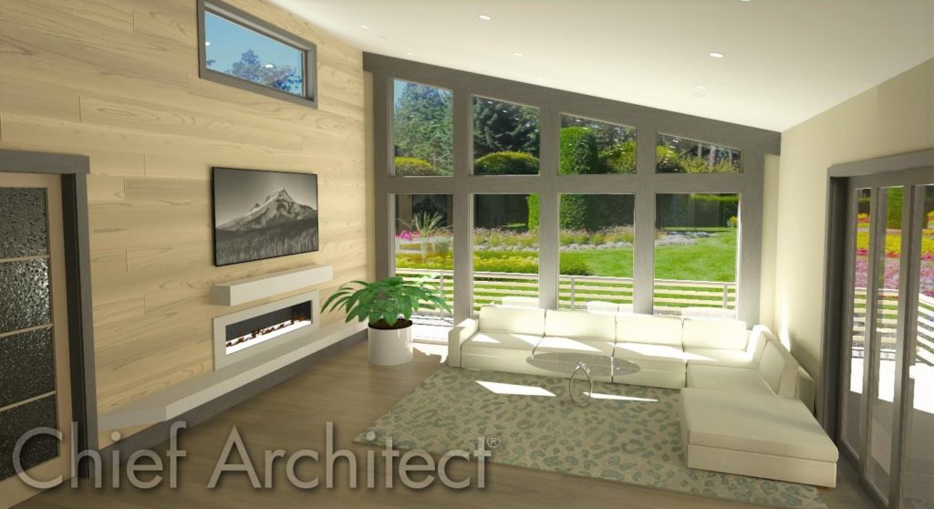 Living room with high ceiling and expansive windows