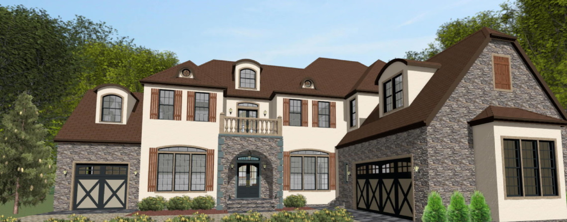 French Country style exterior with a brick exterior and segmental dormers.