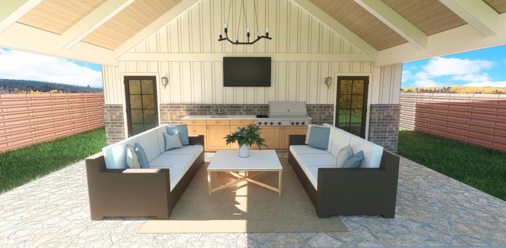 Chief Architect rendering of outdoor kitchen space with oak cabinets and built in grill