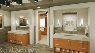 Easy-to-model custom vanities have thick slab countertops with integrated sinks and towel storage below, perfectly suited for this primary bathroom with adjacent walk-in closet.