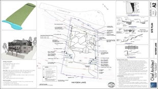 Terrain elevation data and markers bespeckle a blueprint page with construction details, flanked by a 3D perspective of the terrain shape, and concise details for the assembly of retaining walls.