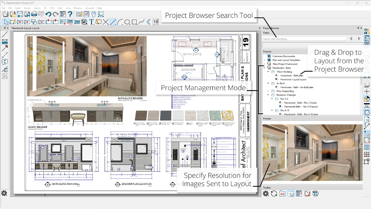 Layout construction sheet displaying bathroom renders, floor plans, and elevations.