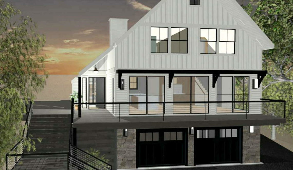 Modern farmhouse style home with black windows, white siding, and a standing seam metal roof.