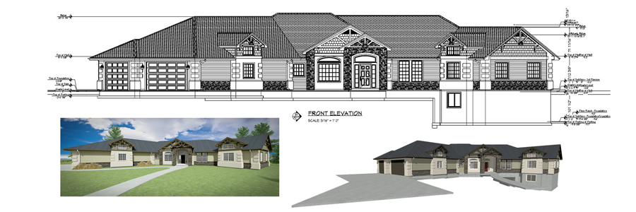 Front elevation view and renderings of a single story home design.