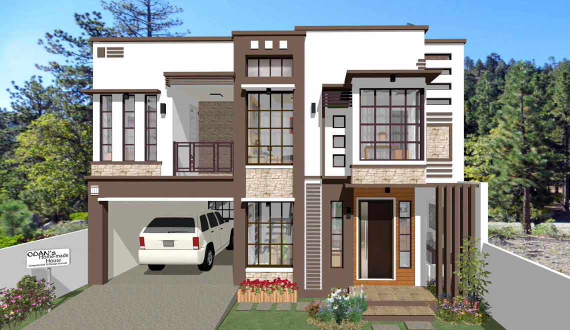 Two- story residential home with white siding and brown accents.