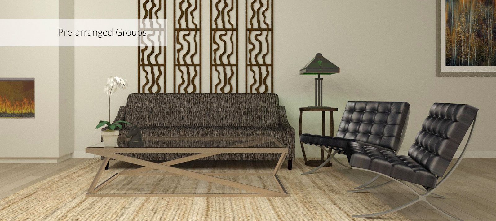 A living room furnished with pre-arranged groupings and other stand-alone objects from the 3D Library