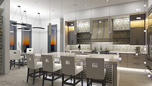 kitchen illustration in neutral tones, white ceiling, whitewashed wood floors, beige diamond tile backsplash and copper colored glass upper cabinet doors in the forground a large island that seats fourn, and to the right an eat-in breakfast table looks over a sunset vista