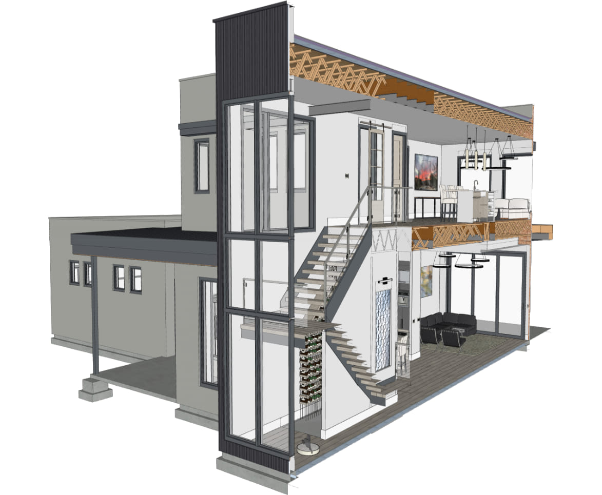 Two story desert style house render with a parapet roof and walls removed to see the exposed framing and interior details.