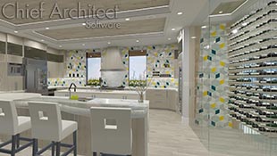 The Silverton contemporary kitchen rendering with an adjacent glass wine room, modern double kitchen island, shaped custom kitchen island with glass, tray ceiling with recessed LED strip lighting