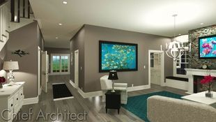 Greys, blues, birds and blooms in fuchsia create a tranquil yet living traditional loving room and entry.