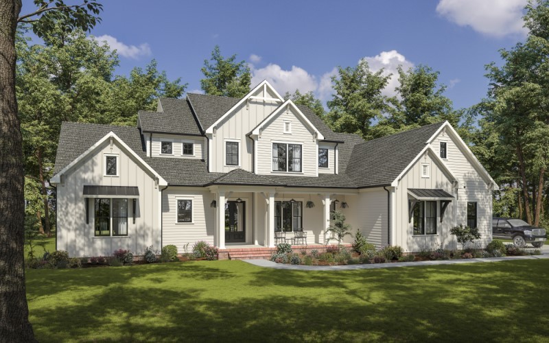 Front perspective of farmhouse style home with columned entry and gable accents