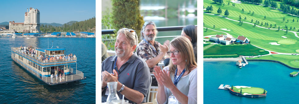 Users enjoying the lake cruise social event, including a view of the famous Floating Green.