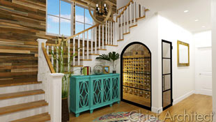 Making good use of under stair space, a large window and glass door offer a peek of wine storage to anyone who enters this foyer featuring wood floors, reclaimed barnwood on an accent wall, a bright teal entry cabinet, and offset in bright white walls surrounding.