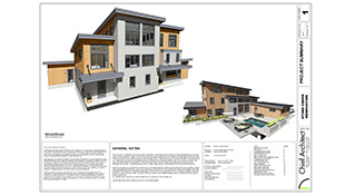 A construction document title page features a contemporary 3 story remodel project with shed roofs, metal awnings, and grey brick and natural wood siding.