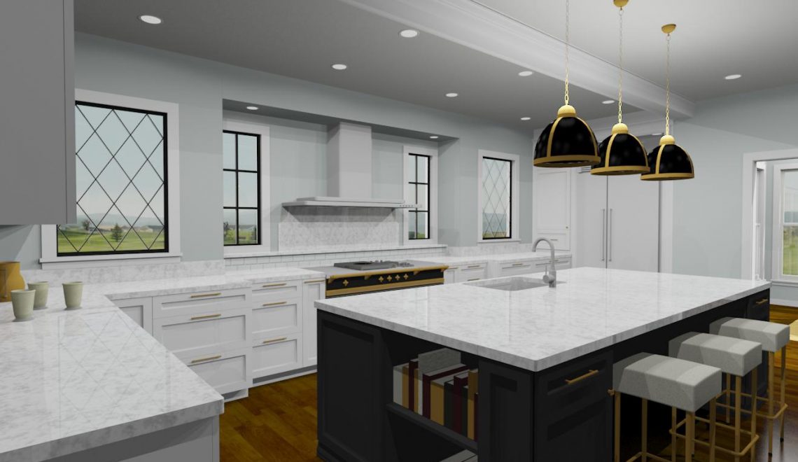 Our designer used the range as the centerpiece, opened up the kitchen to the adjacent sunroom, and selected cabinetry, appliances, and fittings and fixtures that would create interest and variety as the kitchen is viewed from different angles.