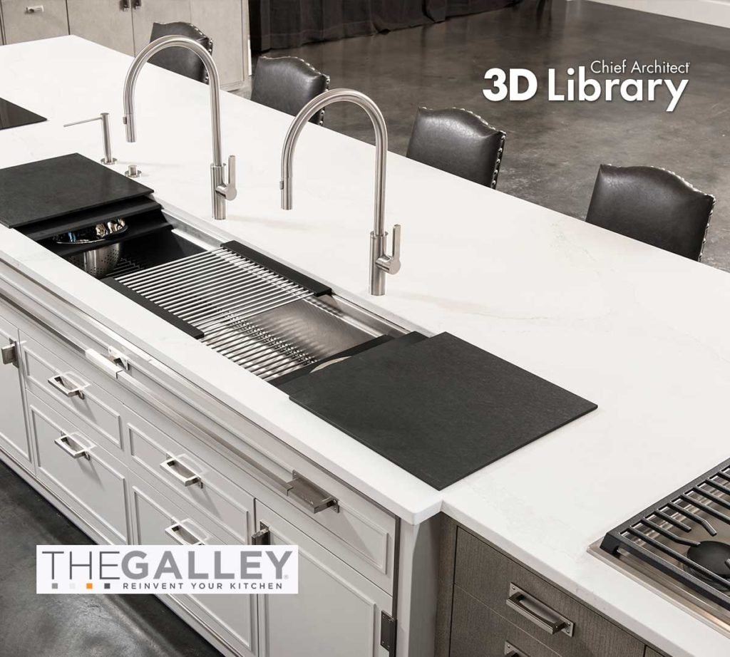 A long traditional island with an oversized, undermount, contemporary sink with drying racks and two faucets.