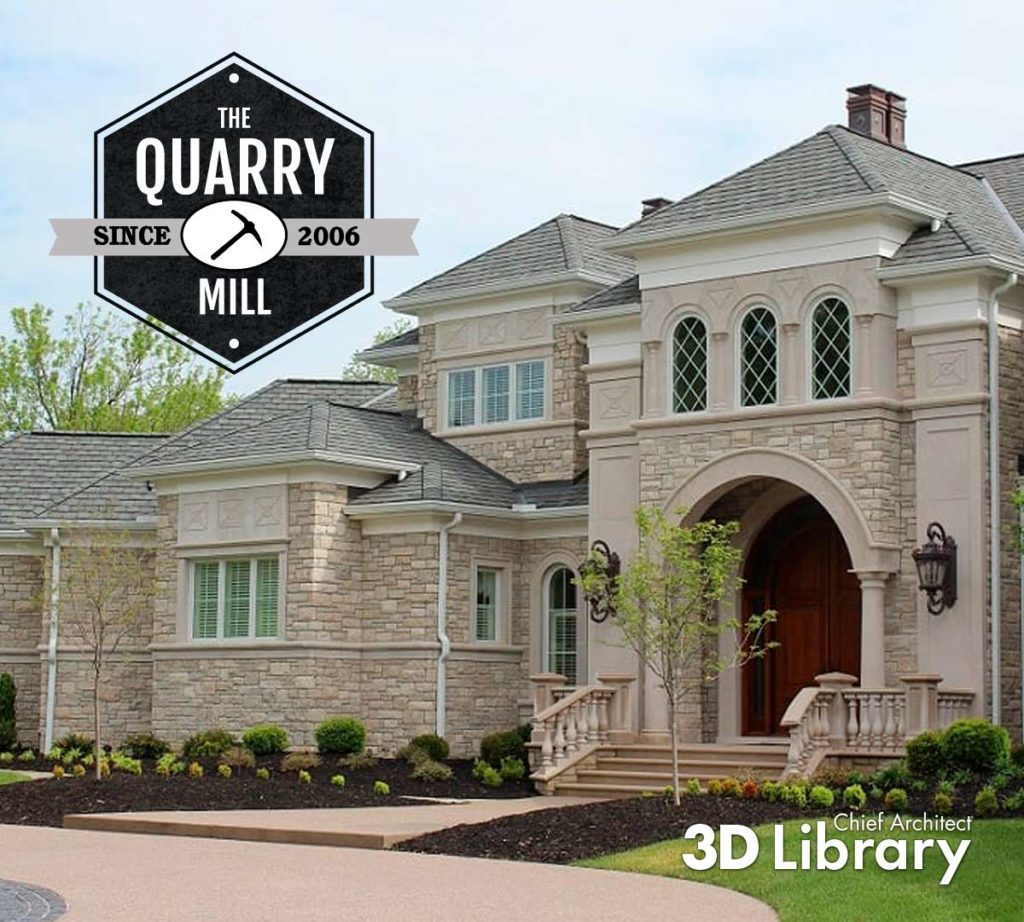 Exterior of a beige stone residence that is multi-story with arched windows and entry.