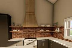 Kitchen design with brick backsplash and floating shelves