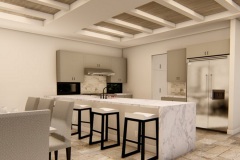 Kitchen with island and a waterfall counter