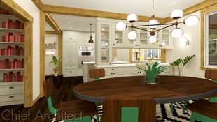 Modern chairs and light fixtures are a surprising compliment to the solid structure in this timber framed dining room that adjoins the kitchen.