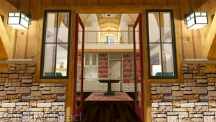 Looking from the outside in, you can see the timbers for this vaulted greatroom to a cat walk above, the exterior's stone and board and batten siding, and a library space along one wall.
