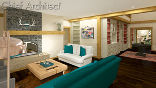 Long views from living room to dining room span posts, beams, cabinets, an furnishings in this contemporary meets rustic timber frame design.