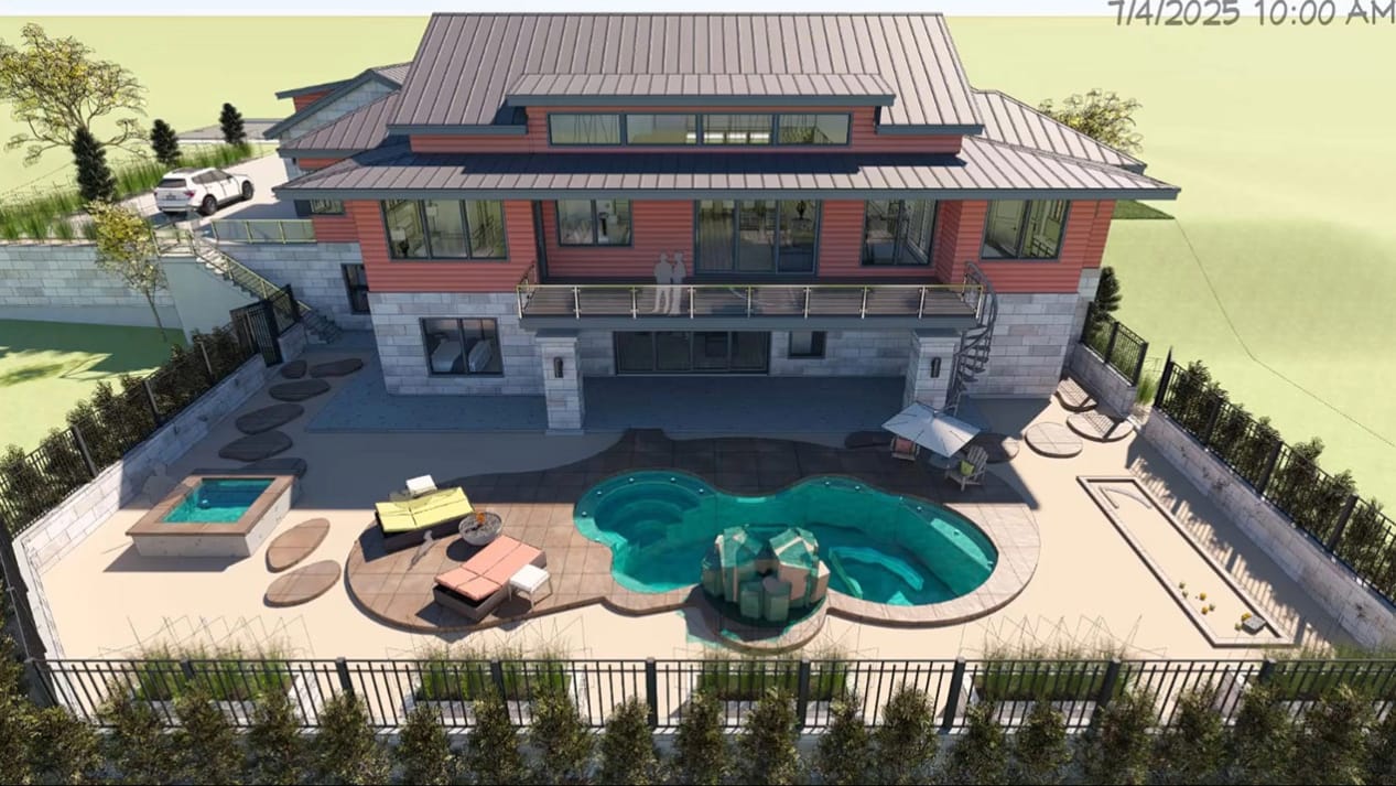 Hawksnest exterior with pool shown in a time-lapse video as the sun moves through the sky, changing the shadows, morning to night.