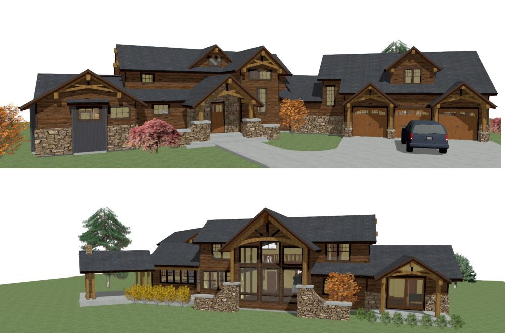 Modern mountain rustic home with timber framed accents and cooperating materials.