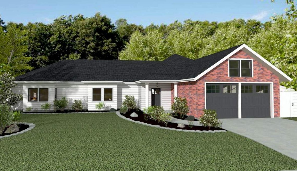 TSA House rendering with brick fascia and concrete edging along curved front pathway