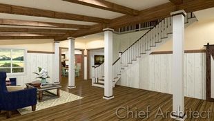 Posts and beams lend both structural and aesthetic value in the interior living room scene that overlooks a staircase and dining room beyond.