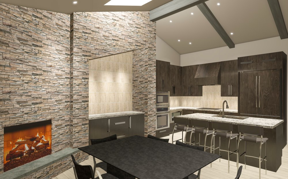 Large open kitchen with vaulted ceilings, eat at island, and fireplace.