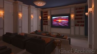 This large home theater with 3 rows of comfortable seating and dimmed lighting sets the mood for great cinematic experiences.