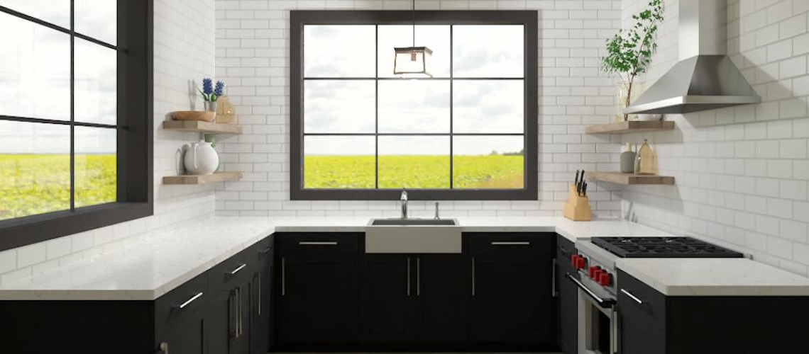 A bright U-shaped kitchen with dark lower cabinets, white subway tile walls, open wood shelving, and a large farmhouse sink overlooking a scenic sunflower field rendered in Chief Architect.