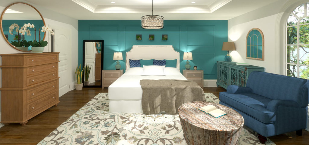 Primary bedroom with blue accent wall and white bed.